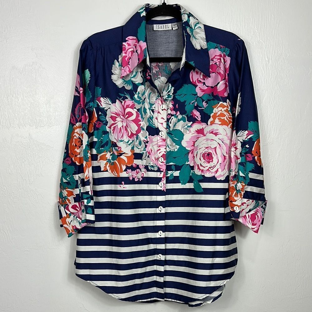 Isabel Floral Striped Cotton Women's Button Down Shirt Size L